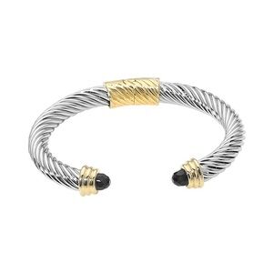 Two Tone Cable Cuff Bracelet With Black Cabochon